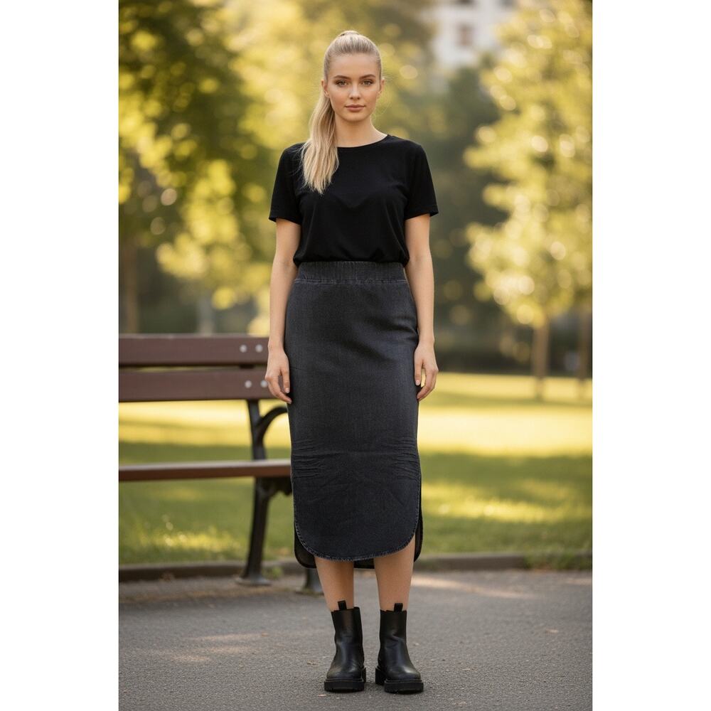 Frank & Eileen Donegal Unforgettable Skirt Black Cotton Midi Elastic Waist Chic